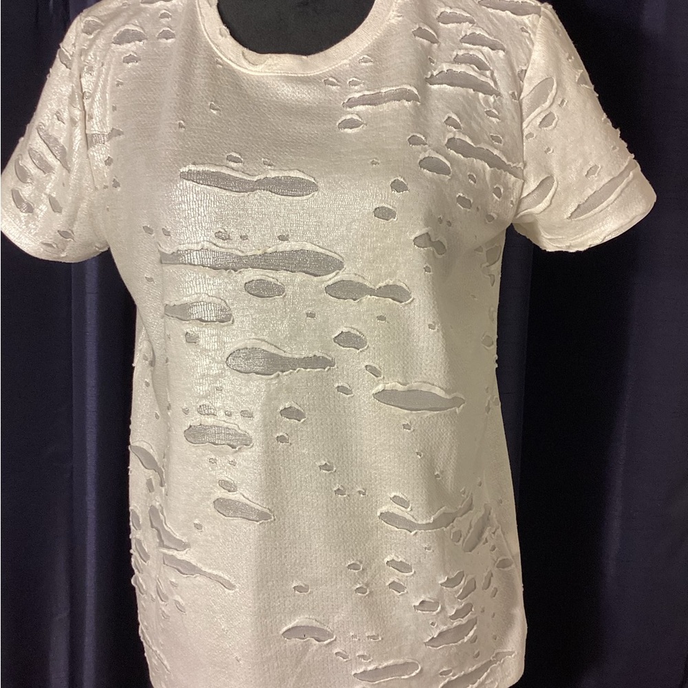 White t-shirt opaque shiny look with fashion holes on both front& back. Size M